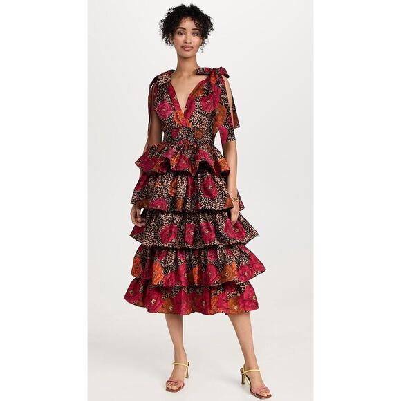 ELISAMAMA Sz S Small One Midi Dress Fuchsia Orange Black Floral Tiered Ruffle - Picture 11 of 11